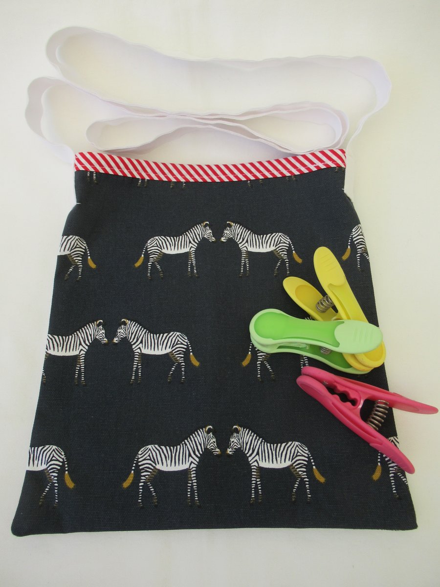 Zebra themed over the shoulder Peg Bag, Handmade from Sophie Allport Fabric