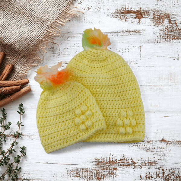 Mummy and Baby Matching Crochet Hats Yellow Pom Pom Set Handmade Newborn Gift