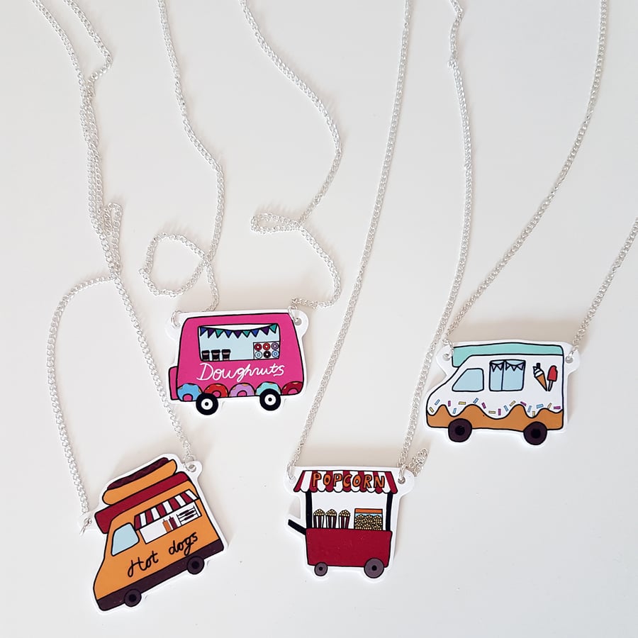 Food Van themed necklace, unique, plastic, hand drawn