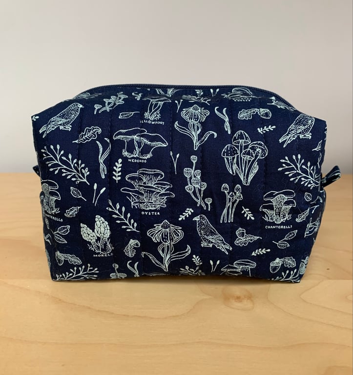 Mushroom Print Quilted Fabric Box Shape Makeup Bag