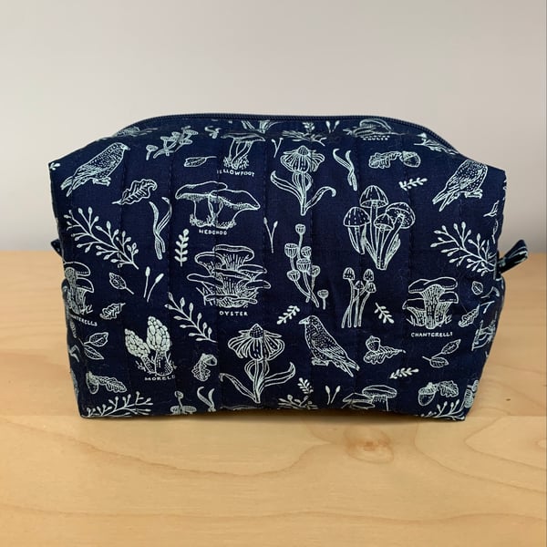 Mushroom Print Quilted Fabric Box Shape Makeup Bag