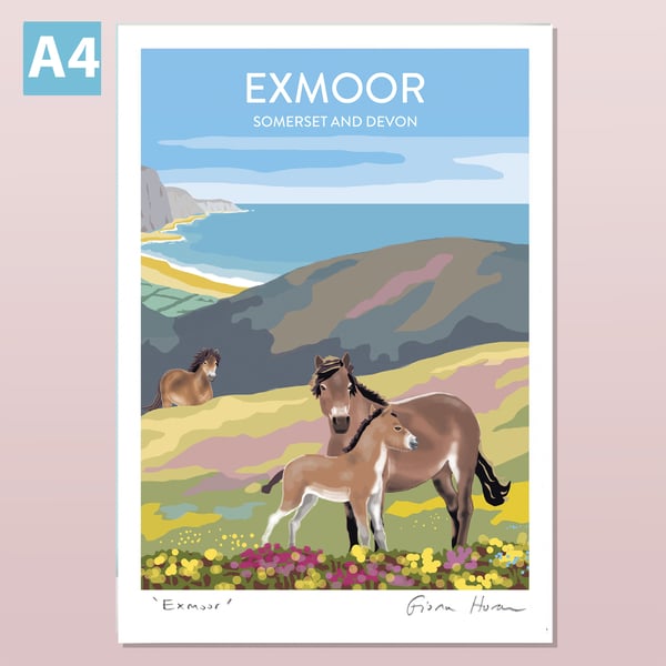 Exmoor, Somerset and Devon illustrated travel poster A4