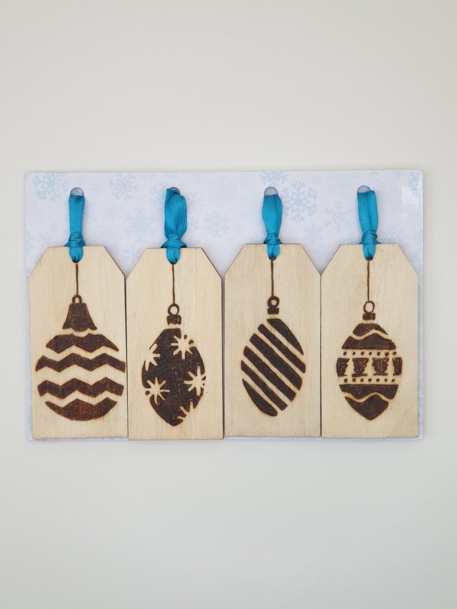 Wooden Christmas gift tags with pyrography Christmas bauble design 