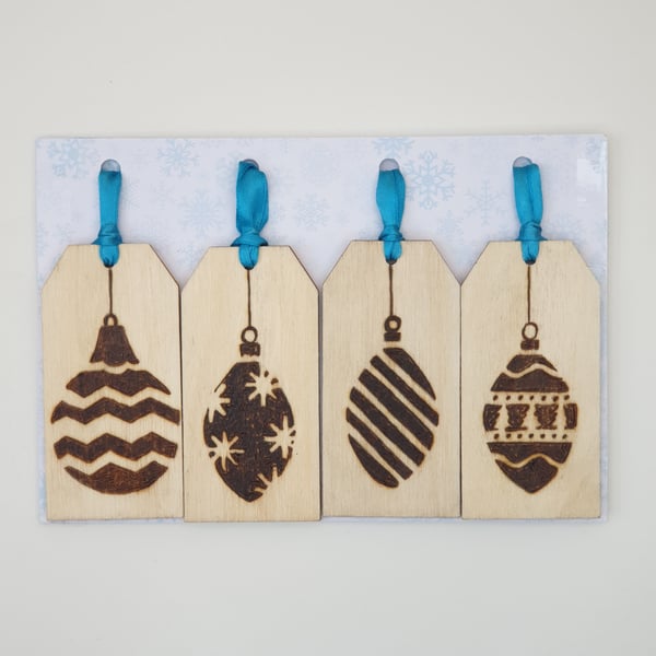 Christmas gift tags wooden with christmas bauble design 