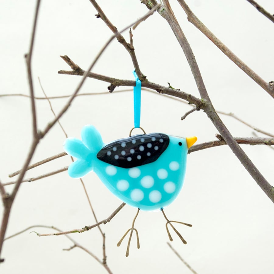 Fused Glass Turquoise Spotty Bird Decoration