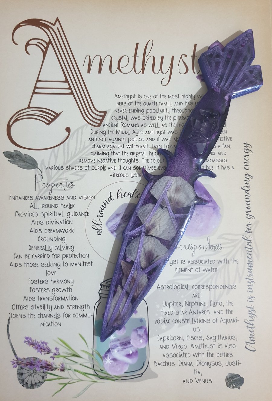 Handmade Decorative Ritual Athame Dagger With Amethyst Crystal & Orchid Petals. 