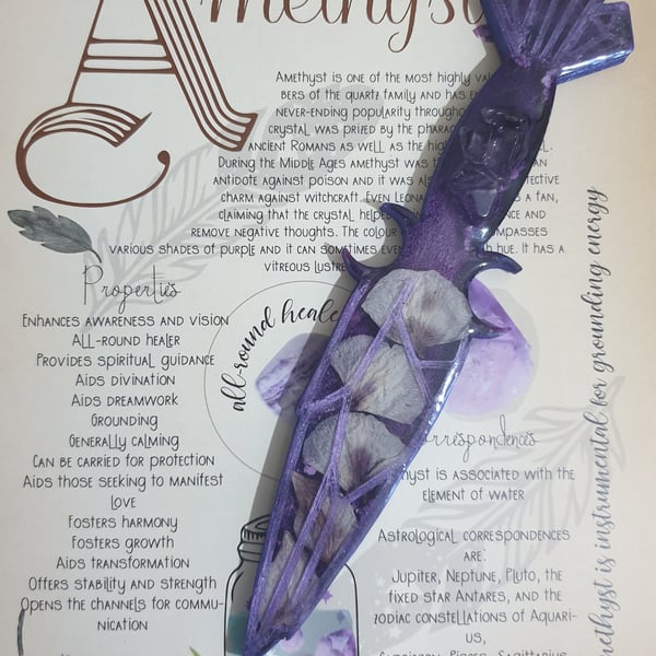 Handmade Decorative Ritual Athame Dagger With Amethyst Crystal & Orchid Petals. 
