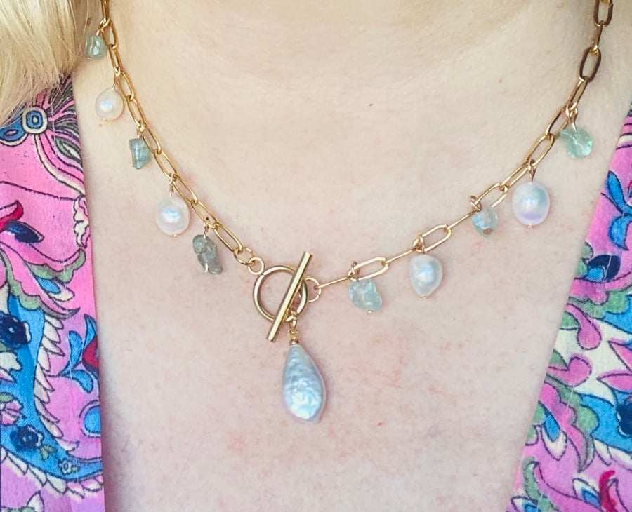 Baroque pearl & blue apatite hood chain necklace - BPGCN01