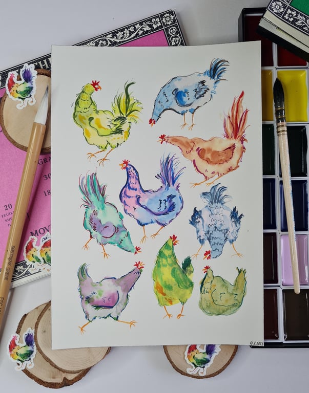 Original hand painted watercolour funny chicken art