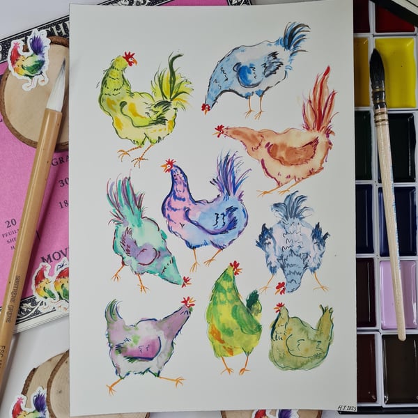 Original hand painted watercolour funny chicken art