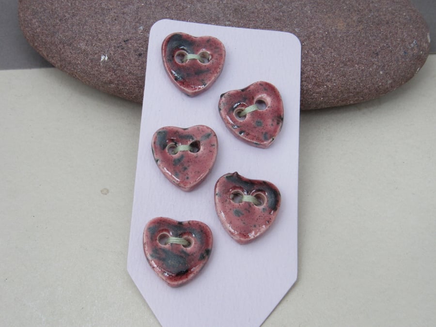 5 Small Heart Shaped Speckled Rose Ceramic Buttons