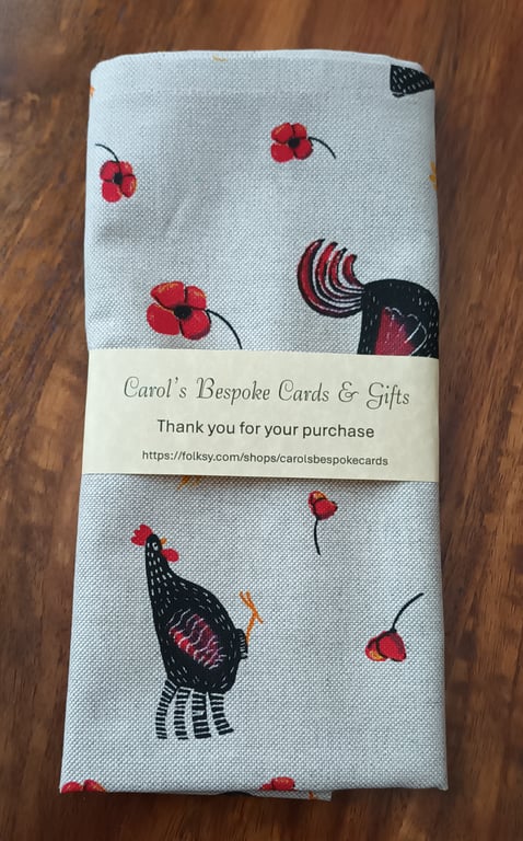 Black Speckled Hen And Red Poppy Tea Towel. Natural Linen look. Free Delivery.