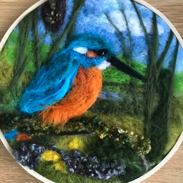 Kingfisher-needle felted-bird-hoop art-home decoration 