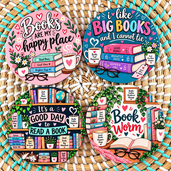 Book Lover Coaster Set – Handmade set of 4 Coasters – Reading Gift for Bookworms