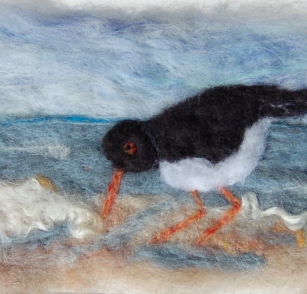 Oyster Catcher on the beach - Needle felt picture, textile art.  Free postage