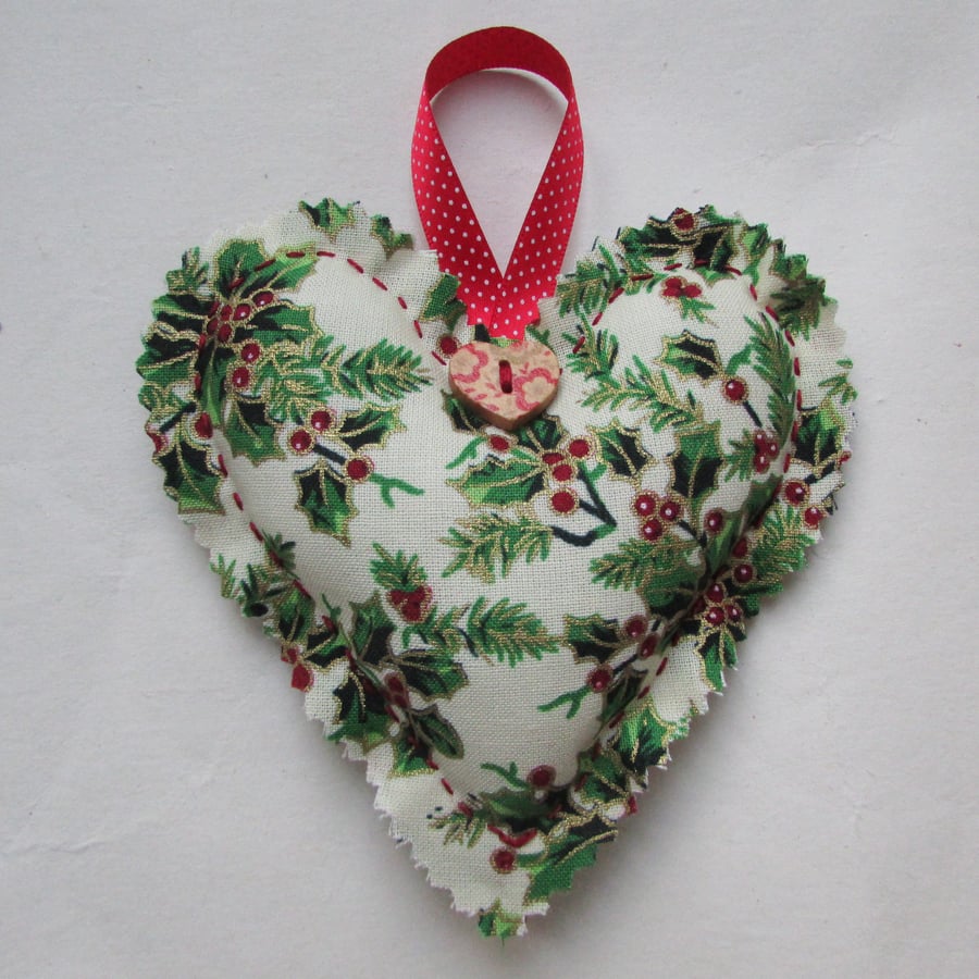 Small cream and green holly print Christmas hanging heart decoration