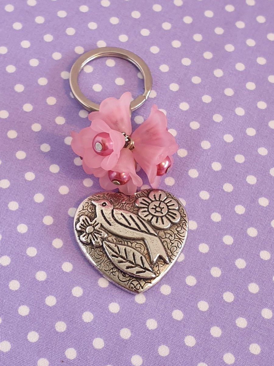 Pink Flower, Bird and Heart Keychain, Keyring, Bag Charm