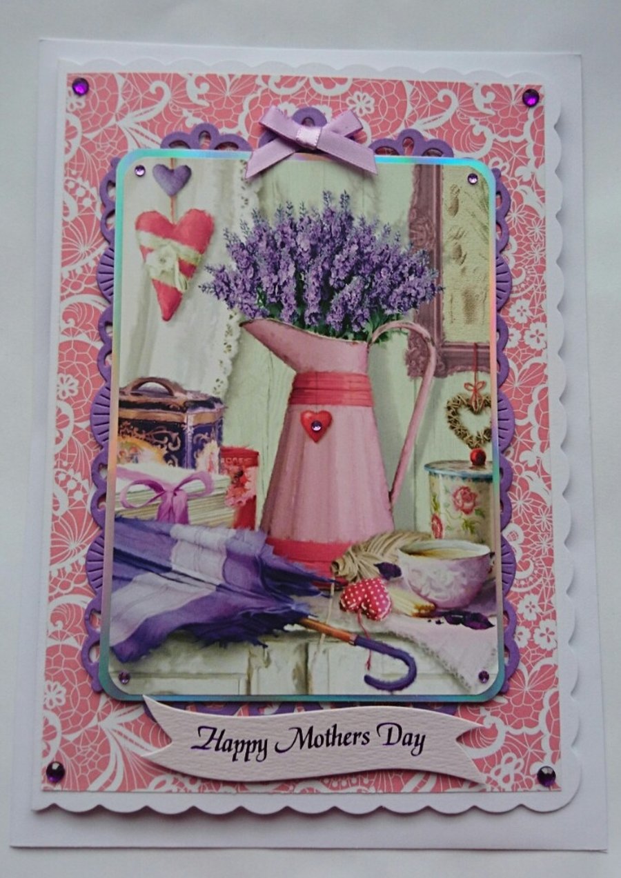 Happy Mother's Day Card Bouquet of Lavender Flowers 3D Luxury Handmade Card