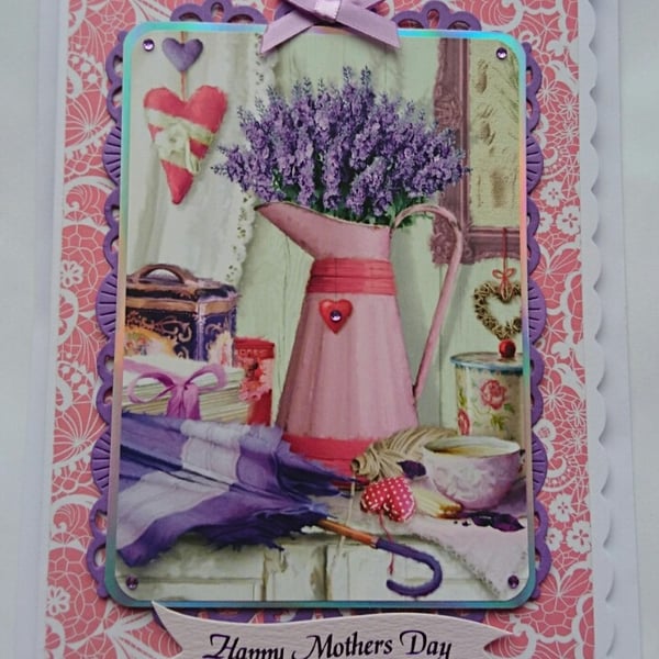 Happy Mother's Day Card Bouquet of Lavender Flowers 3D Luxury Handmade Card