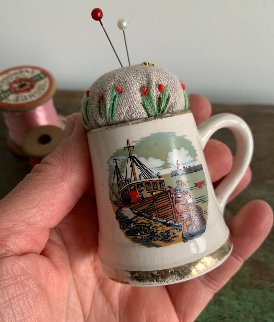 SECONDS SUNDAY Fishing boat mini mug embroidered pin cushion