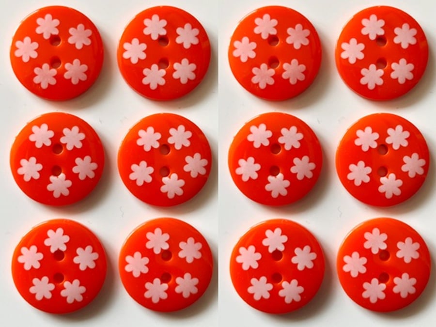 12 Bright Buttons, 19mm Wide, White Flowers on Orange, Bright, Bold