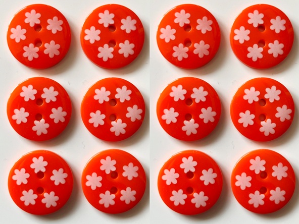 12 Bright Buttons, 19mm Wide, White Flowers on Orange, Bright, Bold