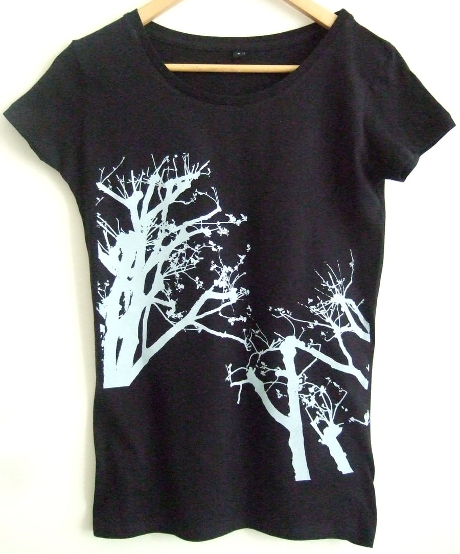 Treetops Womens printed cotton fitted T shirt navy blue and light blue