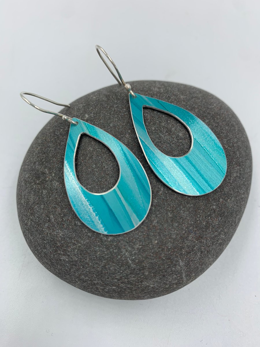 Turquoise and silver striped drop shaped aluminium earrings