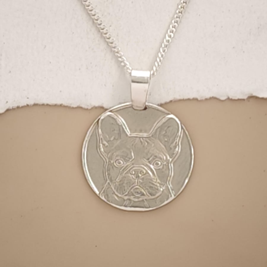 Hand Engraved French Bulldog Sterling Silver Pendant Necklace, Personalised Recy