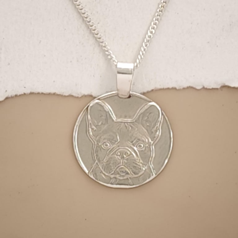 Hand Engraved French Bulldog Sterling Silver Pendant Necklace, Personalised Recy