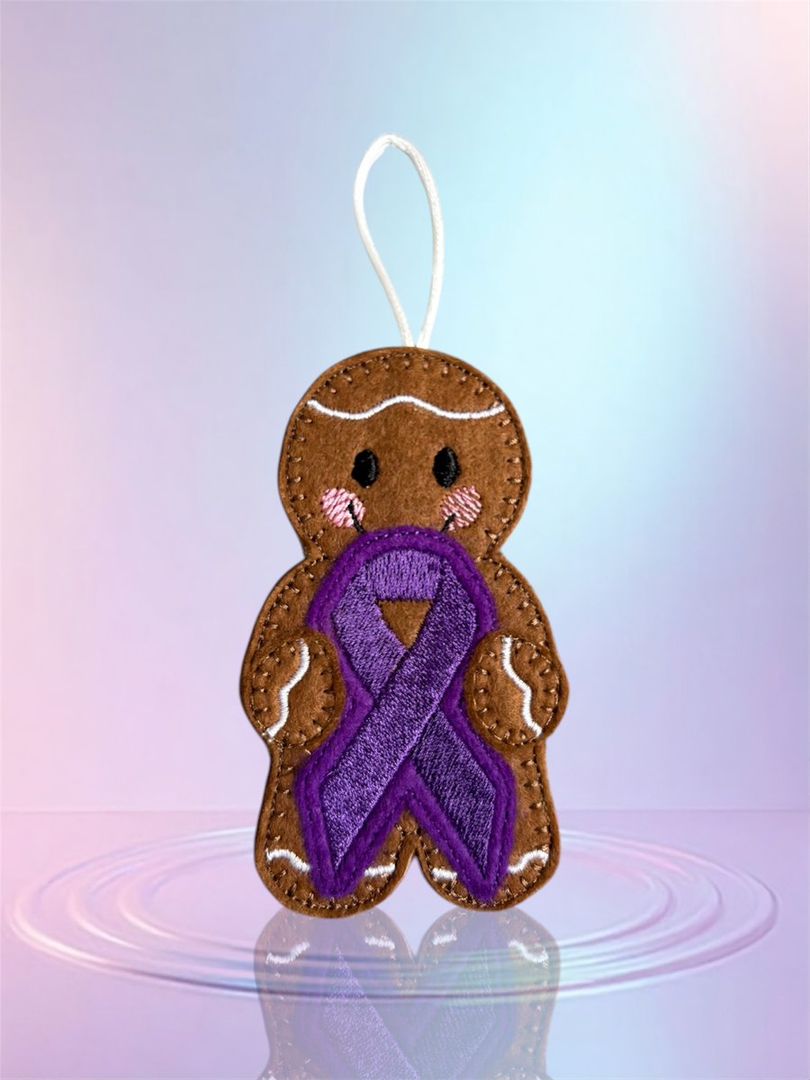 Fibromyalgia awareness ribbon Gingerbread person Embroidered Hanging Keepsake