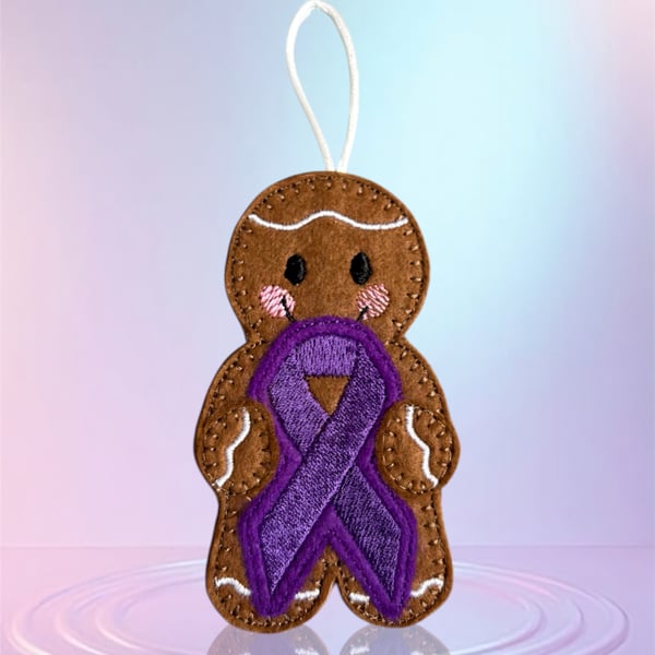 Fibromyalgia awareness ribbon Gingerbread person Embroidered Hanging Keepsake