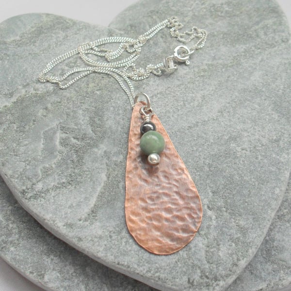 Copper Drop Pendant With Jadeite and Haematie Vintage Style