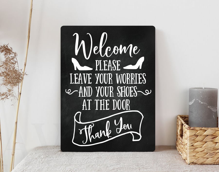 Chalk Board Style Metal Sign Welcome To Our Home Remove Shoes Gift House Present
