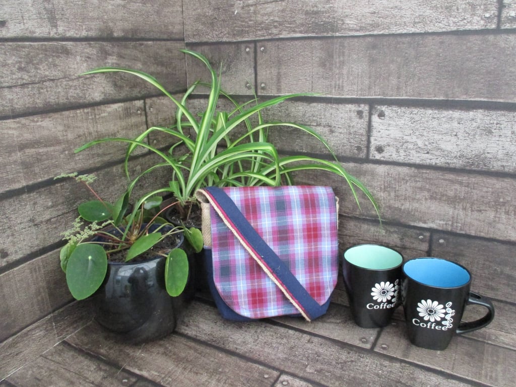 Upcycled Coffee Sack -Mini Shoulder Bag- Blue and crimson check