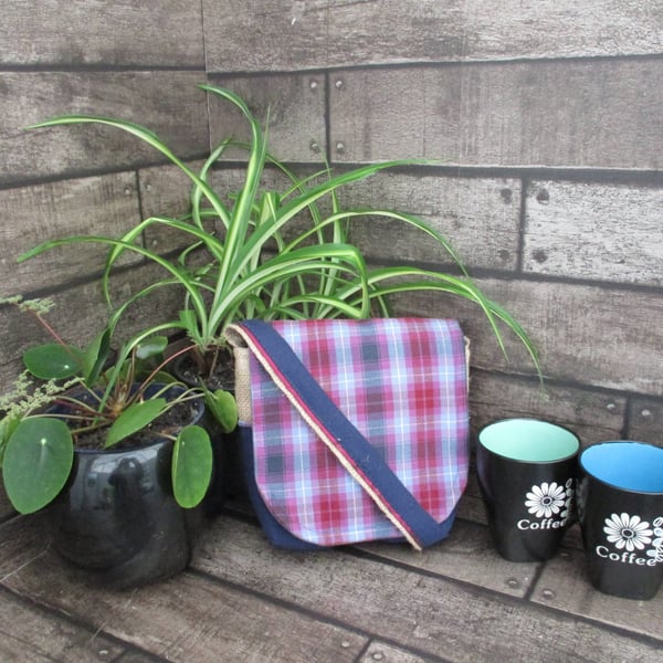 Upcycled Coffee Sack -Mini Shoulder Bag- Blue and crimson check