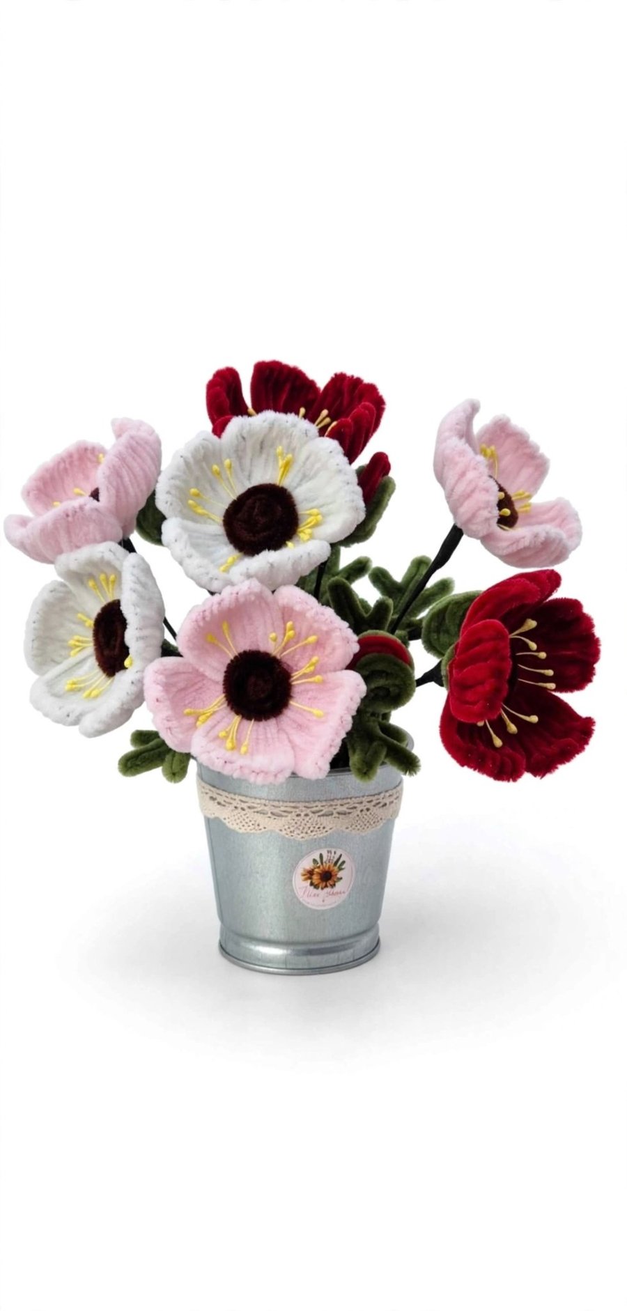 Handmade Mixed Poppy Bouquet - 7 Everlasting Flowers - Pink, White and Red 