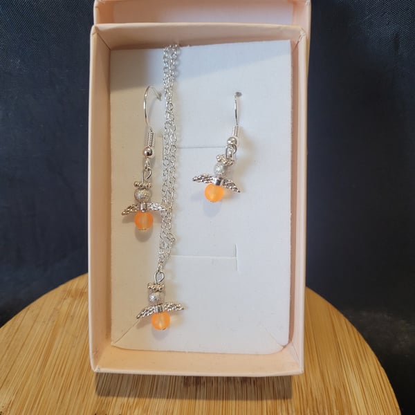 Sterling Silver Mini Angel Necklace and Earring Set - Orange Sacral Chakra 