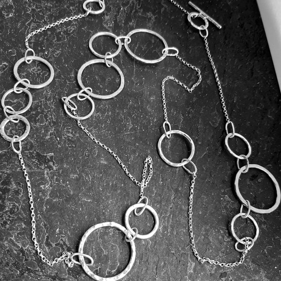 Unique contemporary long sterling silver circles necklace
