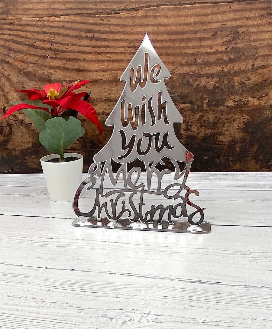  Wish You A Merry Christmas Freestanding Silver Mirrored Acrylic Sign