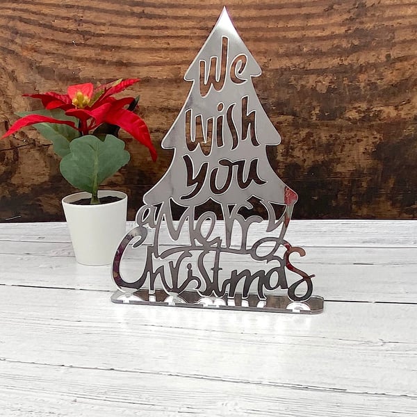  Wish You A Merry Christmas Freestanding Silver Mirrored Acrylic Sign