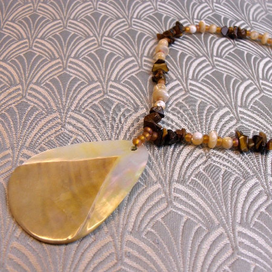 Tigers Eye Necklace, Tigers Eye Mother of Pearl Necklace, spsA10