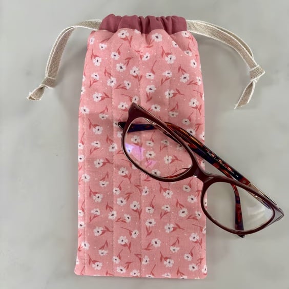Glasses case, sunglasses pouch, padded, with drawstring,  in pink floral cotton