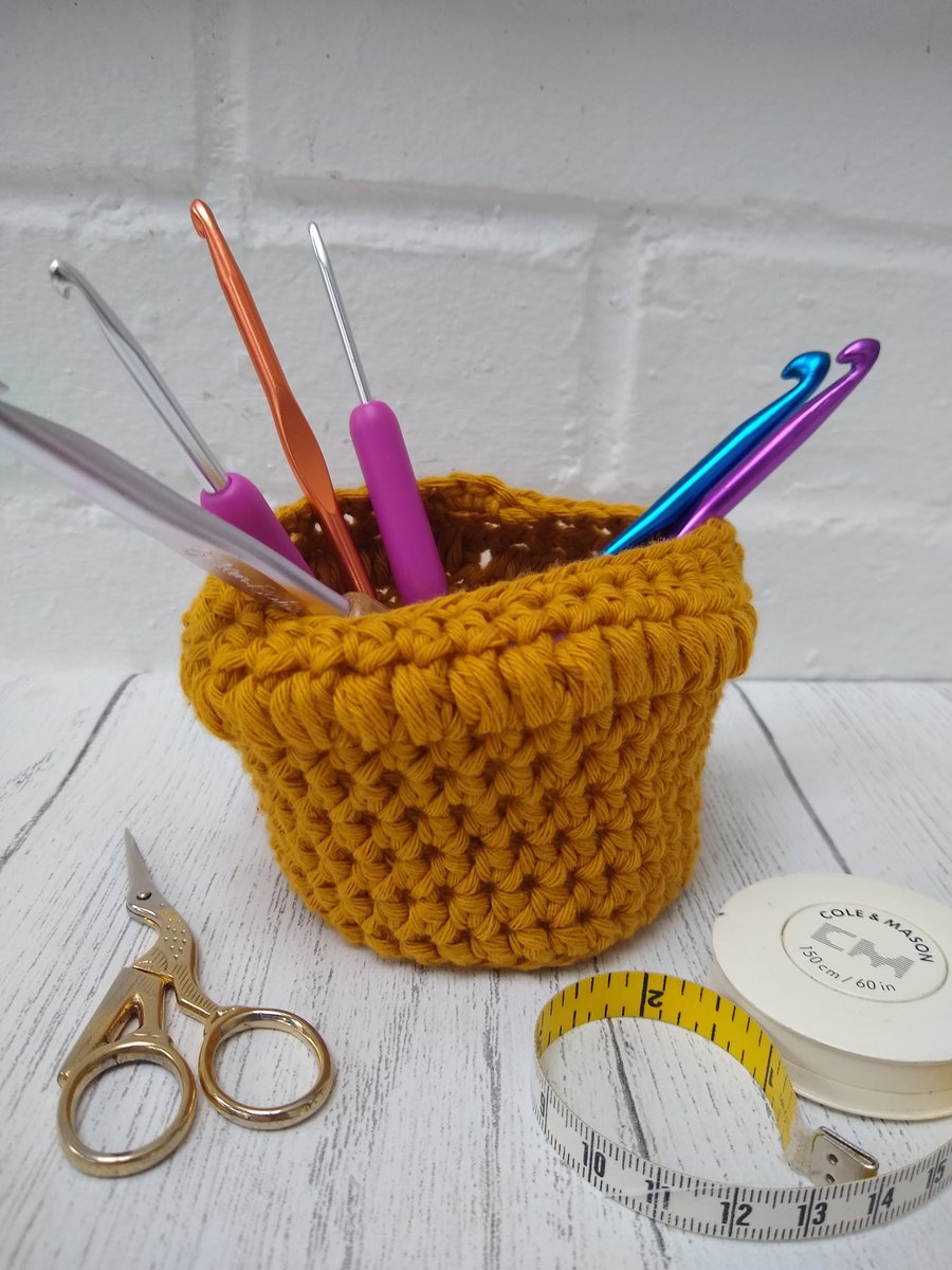 Yellow desk tidy, crocheted basket, mini basket
