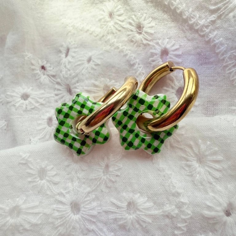 Green Gingham Flower Hoop Earrings 