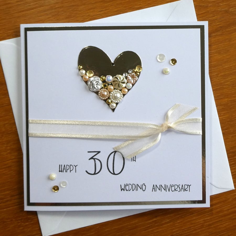 Embellished Heart Pearl Wedding Anniversary Card - 30th Anniversary