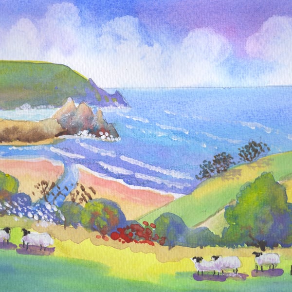 Three Cliffs Bay, Sheep, Gower, Wales, Original Watercolour in 14 x 11 '' Mount