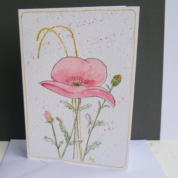 Poppy Wildflower Greetings Card with Envelope - Hand Painted One of a Kind