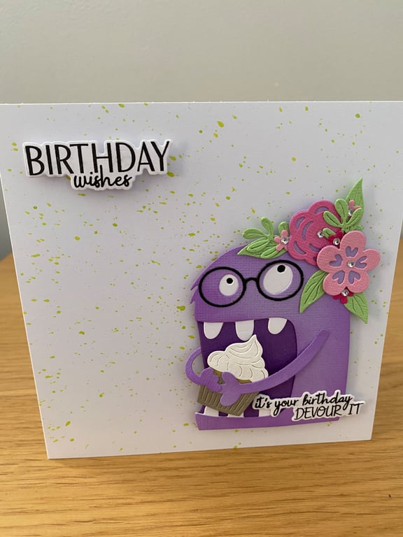 Handmade Birthday Card Purple Monster with Cupcake & Flower Crown