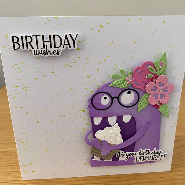 Handmade Birthday Card Purple Monster with Cupcake & Flower Crown